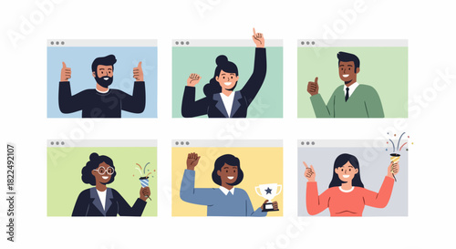 Diverse Team Celebrating Success Online, Virtual Meeting, Business Success, Teamwork.