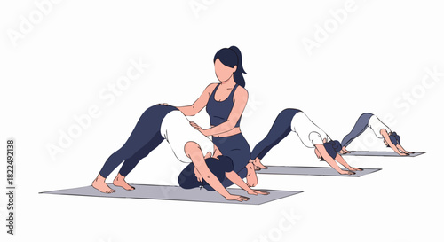 Yoga instructor assisting a woman with her pose in a group class illustration.