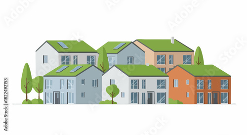 Eco friendly houses with green roofs and trees in a row.