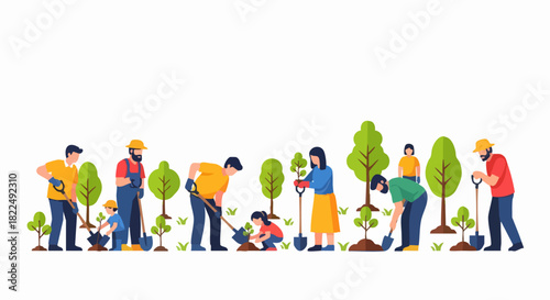 Group of people planting trees in a community effort.