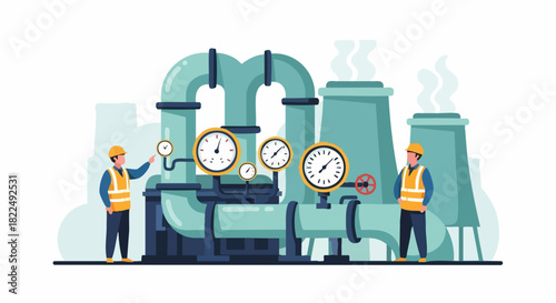 Two Industrial Workers Monitoring Pipe System.