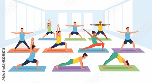 Yoga Class Practicing Various Poses in a Bright Studio Setting.