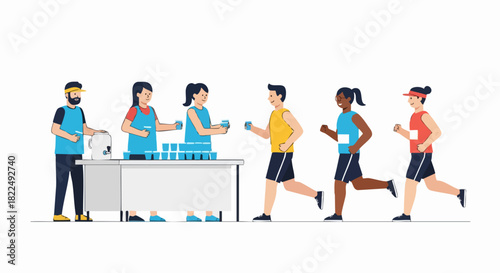 Marathon runners receiving water from volunteers at a refreshment stand.