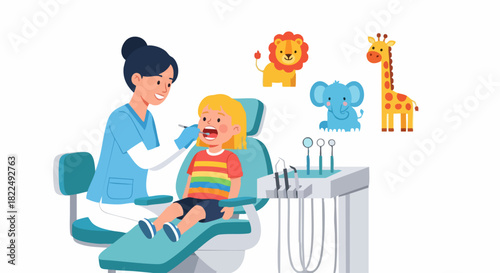 Pediatric dentist providing dental care to a young child patient.