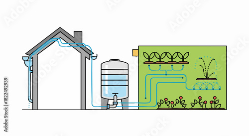 Rainwater harvesting and irrigation system for sustainable gardening.