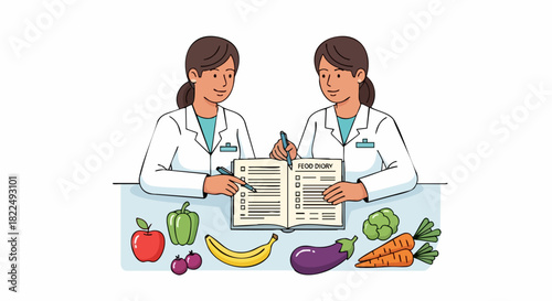 Two female doctors reviewing a nutritional guide.