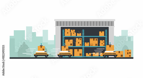 Warehouse logistics and delivery operations with active transport vehicles.