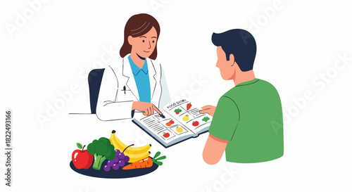 Nutritionist doctor consulting a male patient about a healthy diet plan.