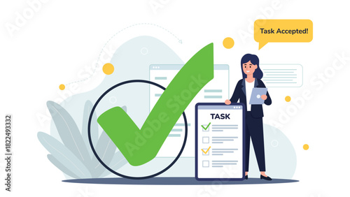 Accepts completed task concept, large green checkmark and task list. Concept success, approval and productivity. Flat Vector illustration.