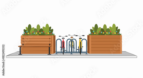 Modern bicycle parking rack with wooden planters and green plants.