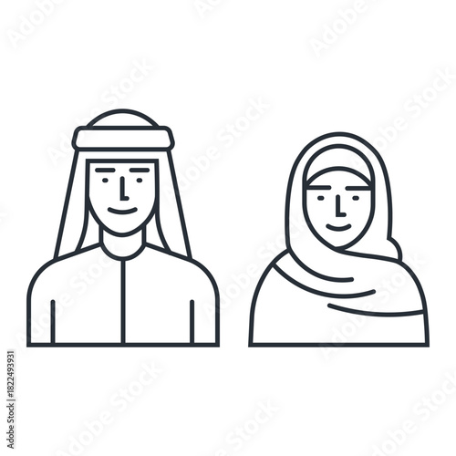 Arab couple line icon avatar. Saudi People. Muslim man and woman in traditional clothes. Isolated vector illustration	