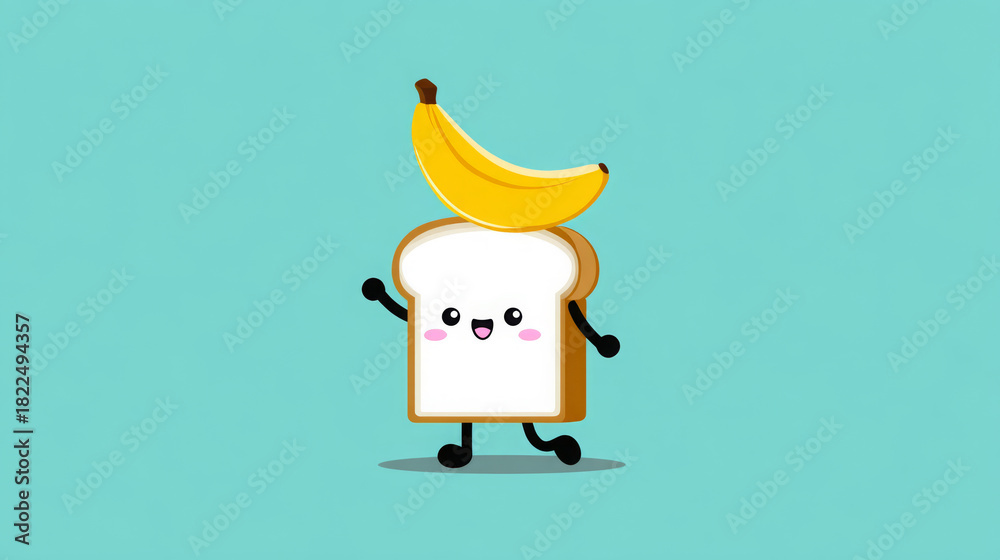 Fototapeta premium Cute cartoon character of a smiling slice of bread with a banana on its head, showcasing a playful and whimsical design in a vibrant turquoise background