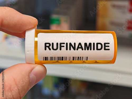 Box of RUFINAMIDE tablets on a hospital pharmacy table used to treat seizures an anticonvulsant.