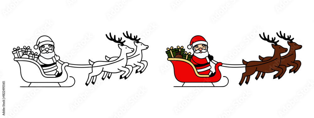 Naklejka premium Santa Claus riding in his sleigh being pulled by two reindeer with gifts, black and white outline and color versions