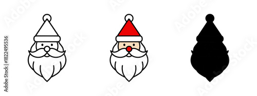 Santa Claus Face Icon Set in Color and Silhouette Style on White Background