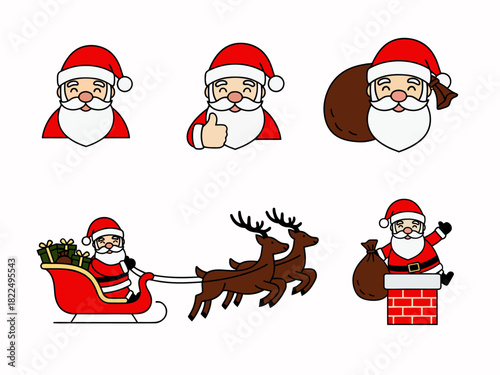 Festive Santa Claus Icon Collection on White Background for Winter Holidays