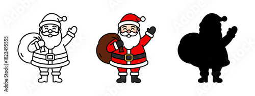Three Santa Claus Outlines and Silhouette Figures Waving with Sack on White Background