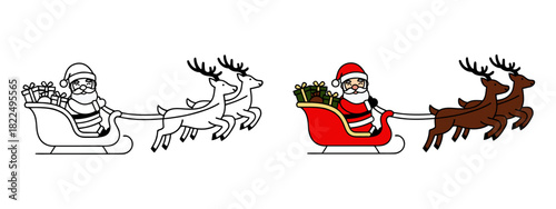 Santa Claus riding in his sleigh being pulled by two reindeer with gifts, black and white outline and color versions