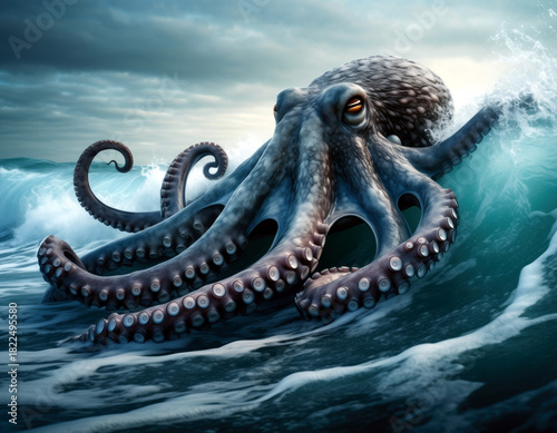 Una gigantesca piovra sulle onde del mare