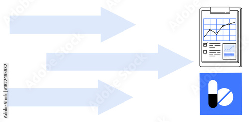 Blue arrows pointing to clipboard with graph and report, next to a pill icon. Ideal for healthcare, research, analytics, clinical studies, progress tracking, medical innovation, simple flat metaphor