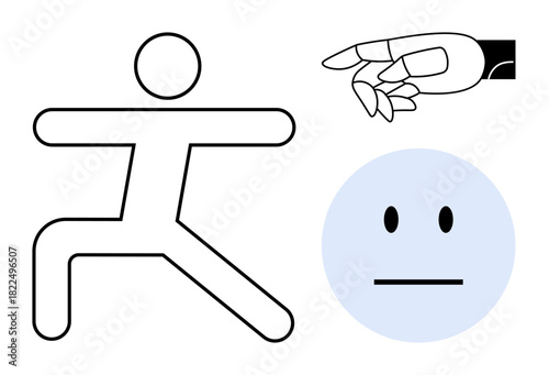 Minimalist human figure in action pose, robotic hand gesture, and expressionless face highlight technology, emotions, and human-machine interaction. Ideal for AI, robotics, balance, emotion