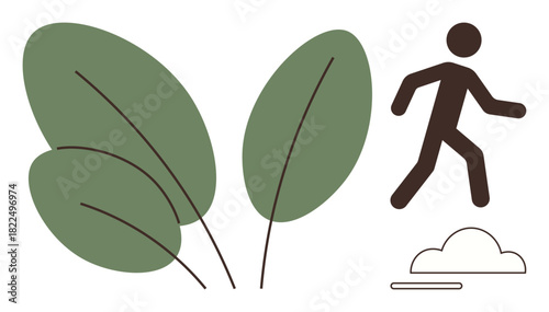 Person walking beside large green leaves and small cloud in simple style. Ideal for nature, wellness, sustainability, outdoor activity, fitness, eco-living, mindfulness. Minimal flat metaphor