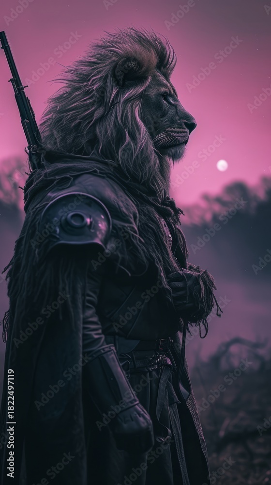 Fototapeta premium Anthropomorphic lion warrior standing in a dark forest. Vertical fantasy illustration of a soldier with a rifle under a pink moonlit sky. Surreal character concept