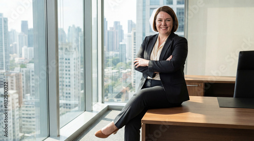 Happy middle-aged female executive in a black suit sitting on a desk with arms crossed, smiling confidently in a bright corner office with large windows overlooking city skyscrapers. Free Download Happy middle-aged female executive in a black suit sitting on a desk with arms crossed, smiling confidently in a bright corner office with large windows overlooking city skyscrapers. - GFXLoad