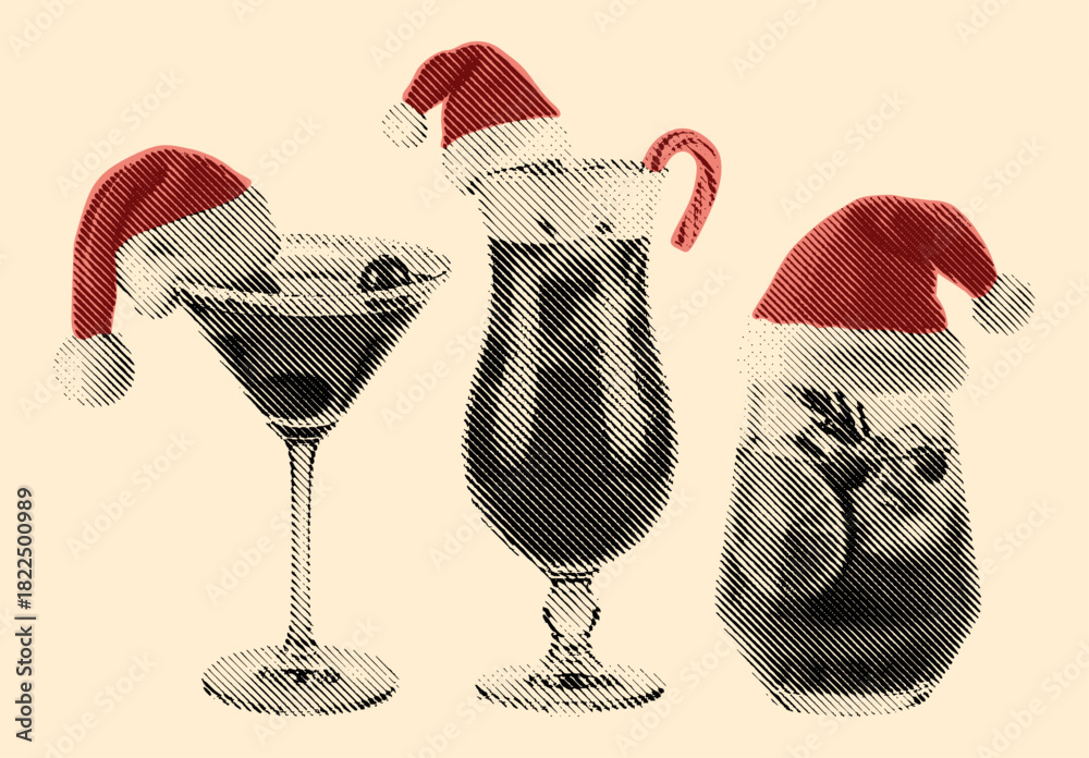 Fototapeta premium festive cocktails with Santa hats, vintage halftone drinks collection