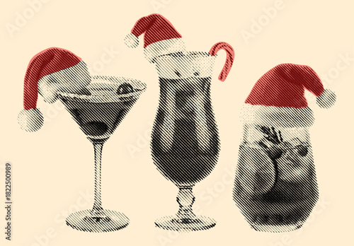 festive cocktails with Santa hats, vintage halftone drinks collection