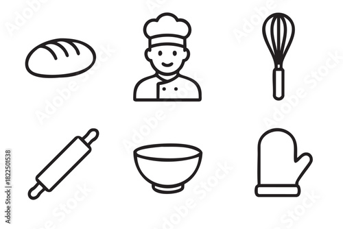 Set of six black line art icons for baking and cooking including a chef, bread, whisk, rolling pin, bowl, and oven mitt in a minimalist graphic style for culinary concepts