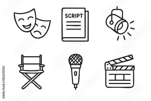 Set of black line art icons representing cinema and theater concepts with a clapperboard, script, director's chair, microphone, spotlight, and theatrical masks