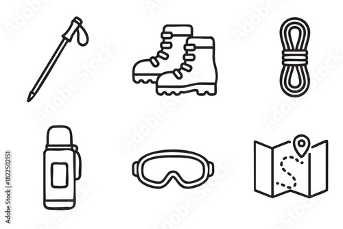 Set of six black line icons for hiking and mountaineering including boots, rope, map, thermos, goggles, and a trekking pole, drawn in a simple minimalist style