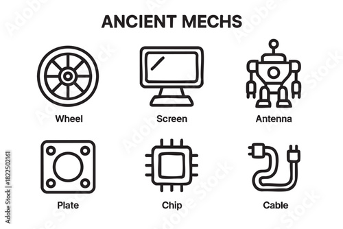 Six black line art icons in a minimalist set for technology, depicting a wheel, computer screen, antenna robot, mechanical plate, processor chip, and power cable for a ui kit