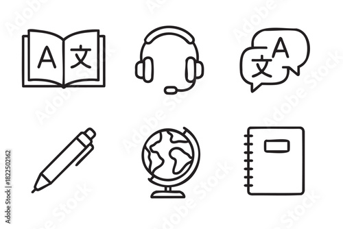 Set of six black line icons for language learning and translation including a dictionary, headset, globe, and notebook in a simple hand-drawn doodle style illustration