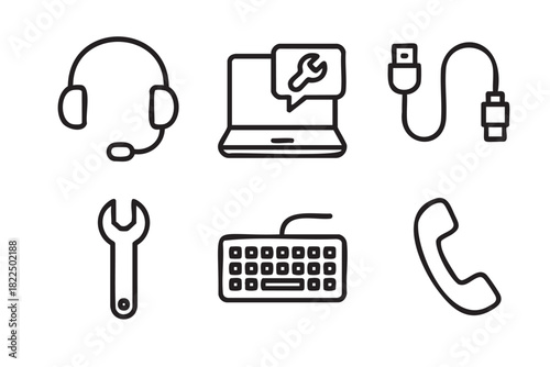 Collection of six black outline icons representing technical support and customer service, featuring a headset, laptop, wrench, usb cable, keyboard, and telephone handset
