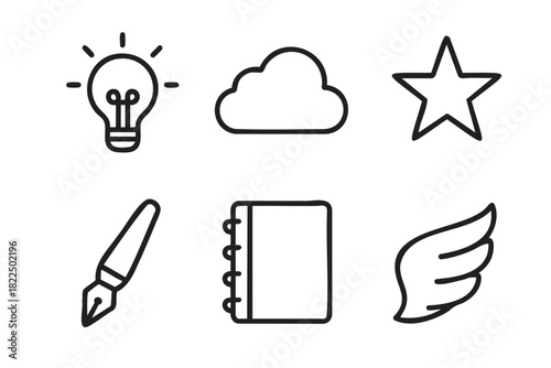 Collection of six black outline icons for creativity and writing concepts, featuring a lightbulb, cloud, star, pen nib, notebook, and wing in a simple hand-drawn vector style