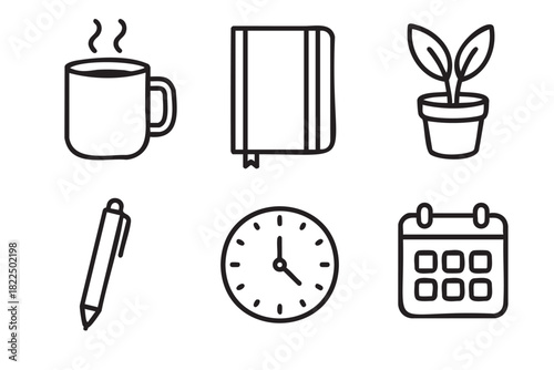 Six black and white line art icons representing a daily routine with a steaming coffee mug, notebook, potted plant, pen, clock, and calendar in a minimalist doodle style