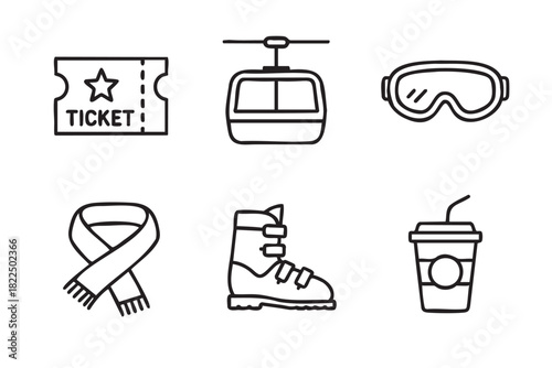 Collection of six minimalist doodle icons for winter vacation activities, showing a ski pass, gondola lift, protective goggles, a cozy scarf, a ski boot, and a warm beverage