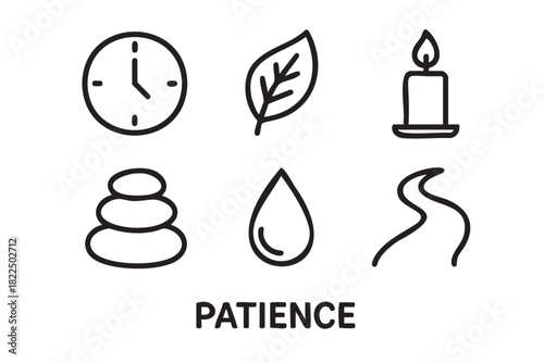 Set of six black line art icons illustrating the concept of patience with symbols for time, growth, calm, balance, persistence, and journey in a minimal style
