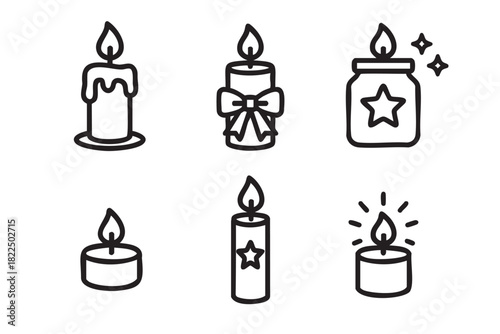 Set of six black line art candle icons in a simple hand-drawn style, featuring various designs like a pillar candle with a bow, a tealight, and a decorative jar candle