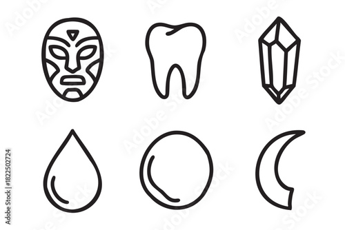 Set of six black line art icons featuring a tribal mask, tooth, crystal, water drop, full moon, and crescent moon in a minimalist, hand-drawn graphic illustration style