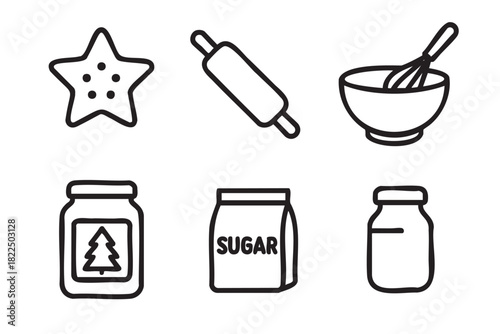 Set of six black outline icons for baking, featuring a star cookie, rolling pin, mixing bowl with whisk, jam jar, sugar bag, and milk bottle in a simple hand-drawn doodle style