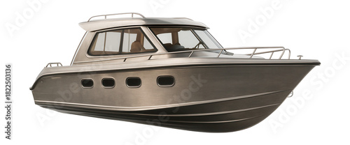 Enclosed helm aluminum cabin cruiser with side portholes.