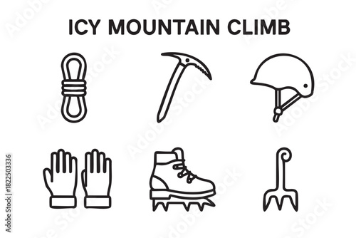Set of six black line icons for icy mountain climbing equipment including a rope, ice axe, helmet, gloves, crampon boot, and piton in a minimalist vector style