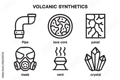 Six black and white graphic icons depicting industrial and geological concepts like a pipe, lava core, cracked panel, gas mask, steam vent, and a mineral crystal cluster