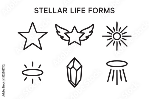 Set of six black outline icons representing celestial and mystical concepts like stars, suns, crystals, and ufos in a simple, minimalist, hand-drawn line art style