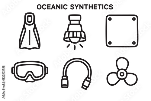Black and white vector icon set featuring underwater exploration gear like a diving mask, flipper, snorkel, propeller, and marine lamp in a simple line art style