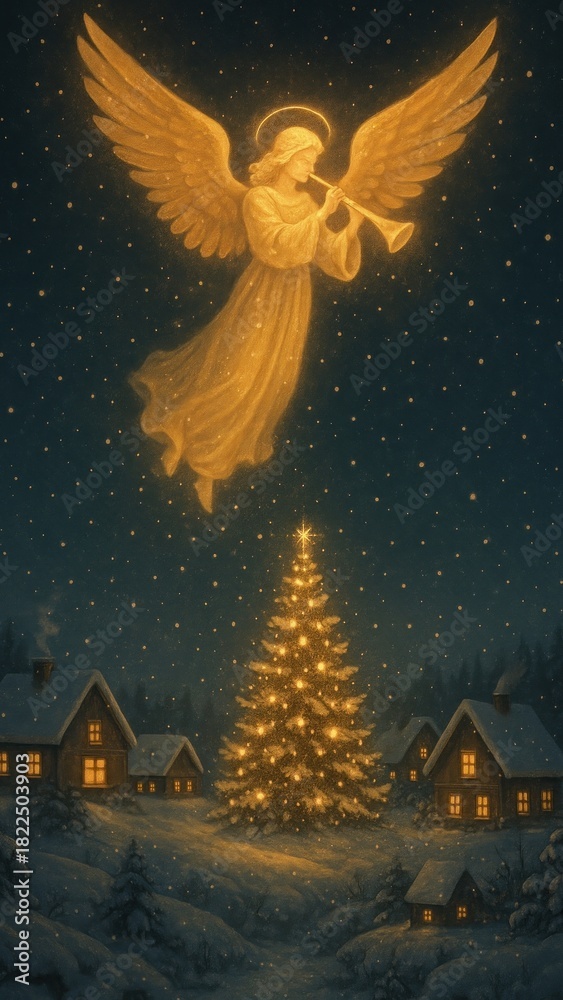 Fototapeta premium Angelic glow over snowy village.