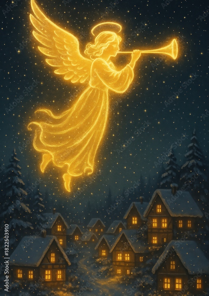 Fototapeta premium Celestial angel illuminates snowy village.